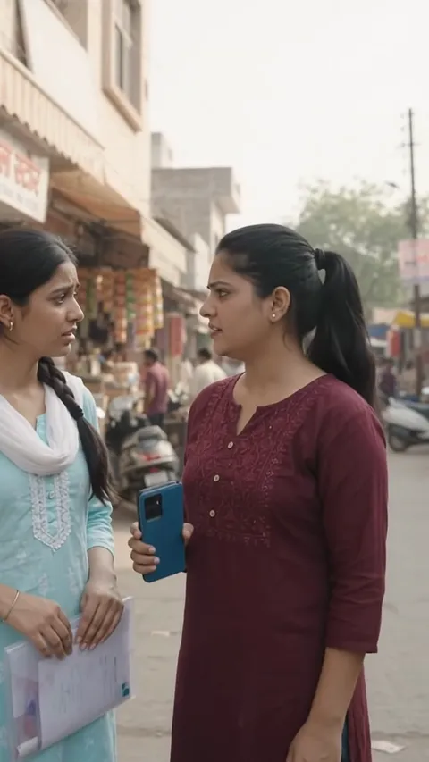 Frame from an Aamdani reel: two women in a market street checking a job on a phone
